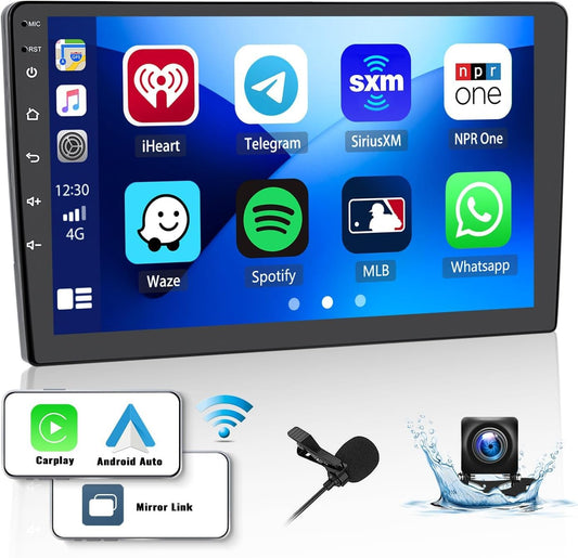 Android Double Din Car Stereo with Professional Installation – CarPlay, Android Auto, Mirror Link, Touchscreen Multimedia Player with Bluetooth, WiFi, USB, SWC, AHD Camera & Microphone