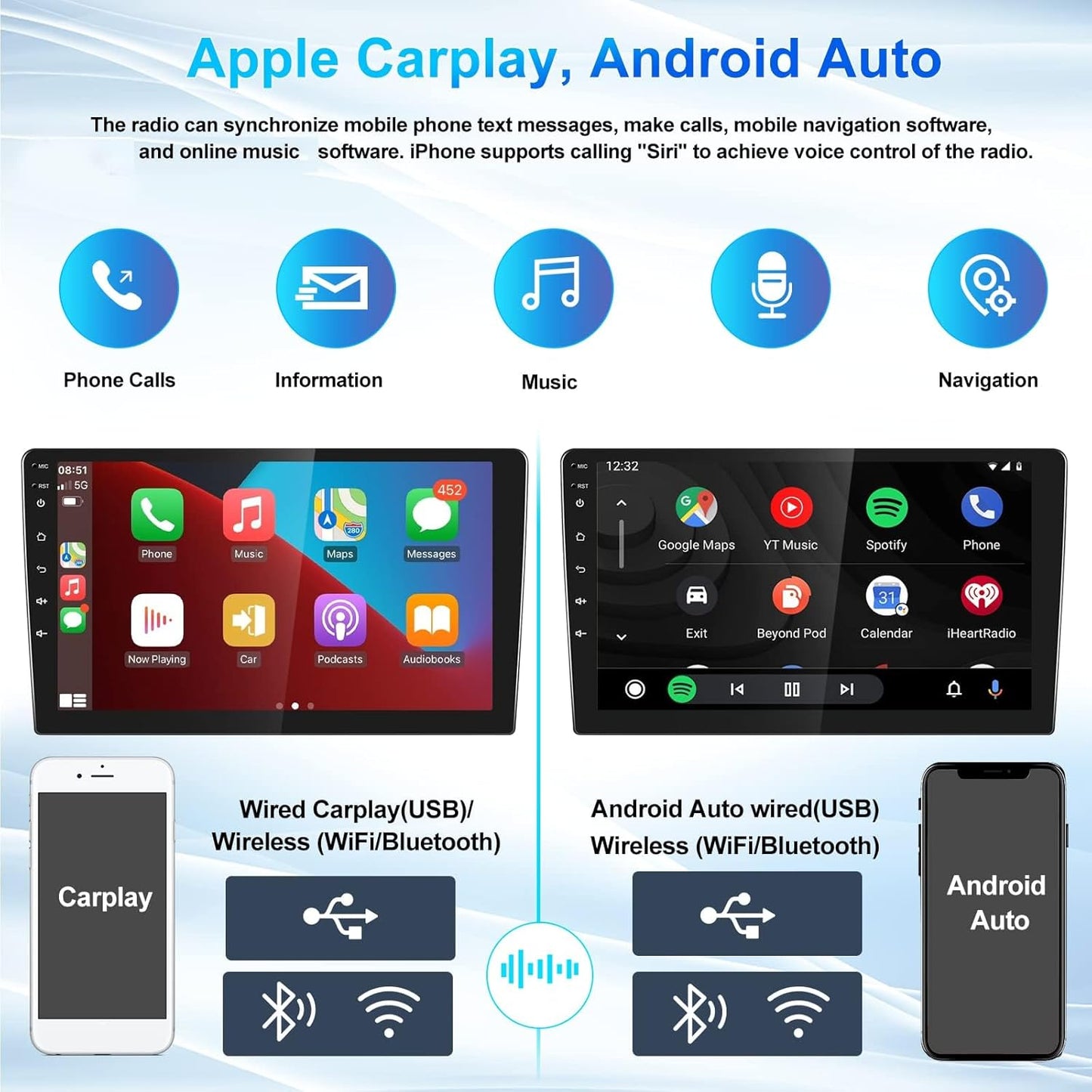 Android Double Din Car Stereo with Professional Installation – CarPlay, Android Auto, Mirror Link, Touchscreen Multimedia Player with Bluetooth, WiFi, USB, SWC, AHD Camera & Microphone